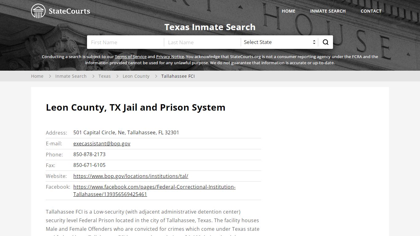 Tallahassee FCI Inmate Records Search, Texas - StateCourts